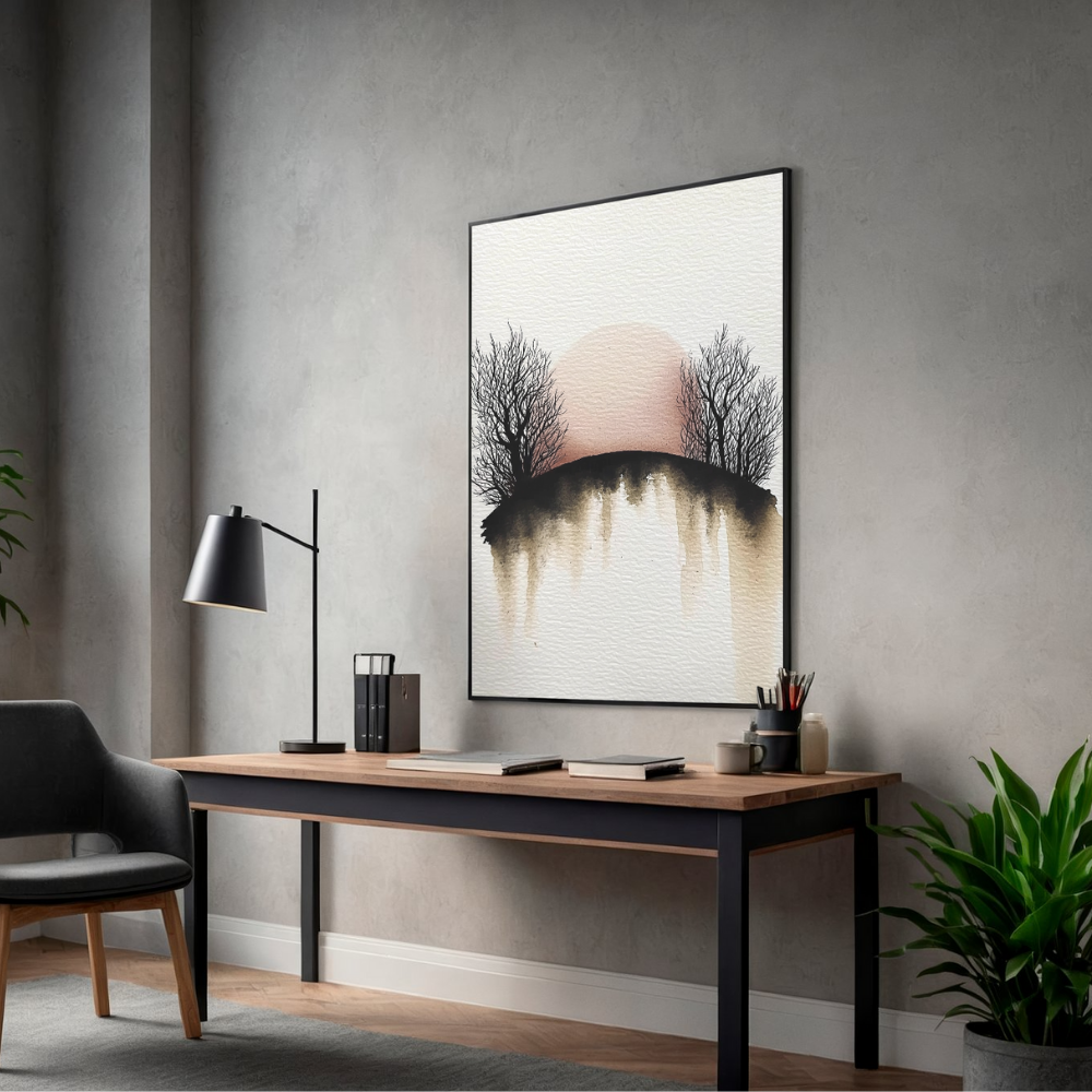 Red Dusk Grove – Minimalist Watercolor Sunset Printable Wall Art