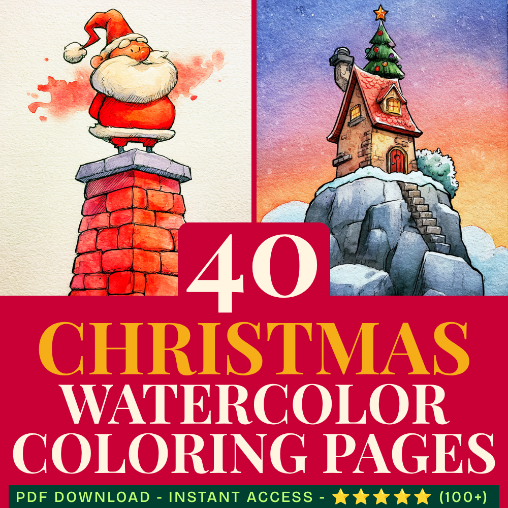 40 Christmas Watercolor Printable Coloring Pages (PDF Download)