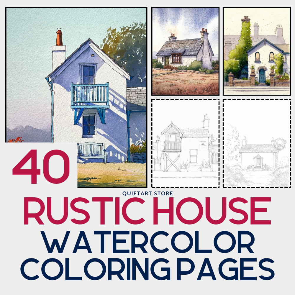 40 Rustic House Watercolor Printable Coloring Pages (PDF Download)