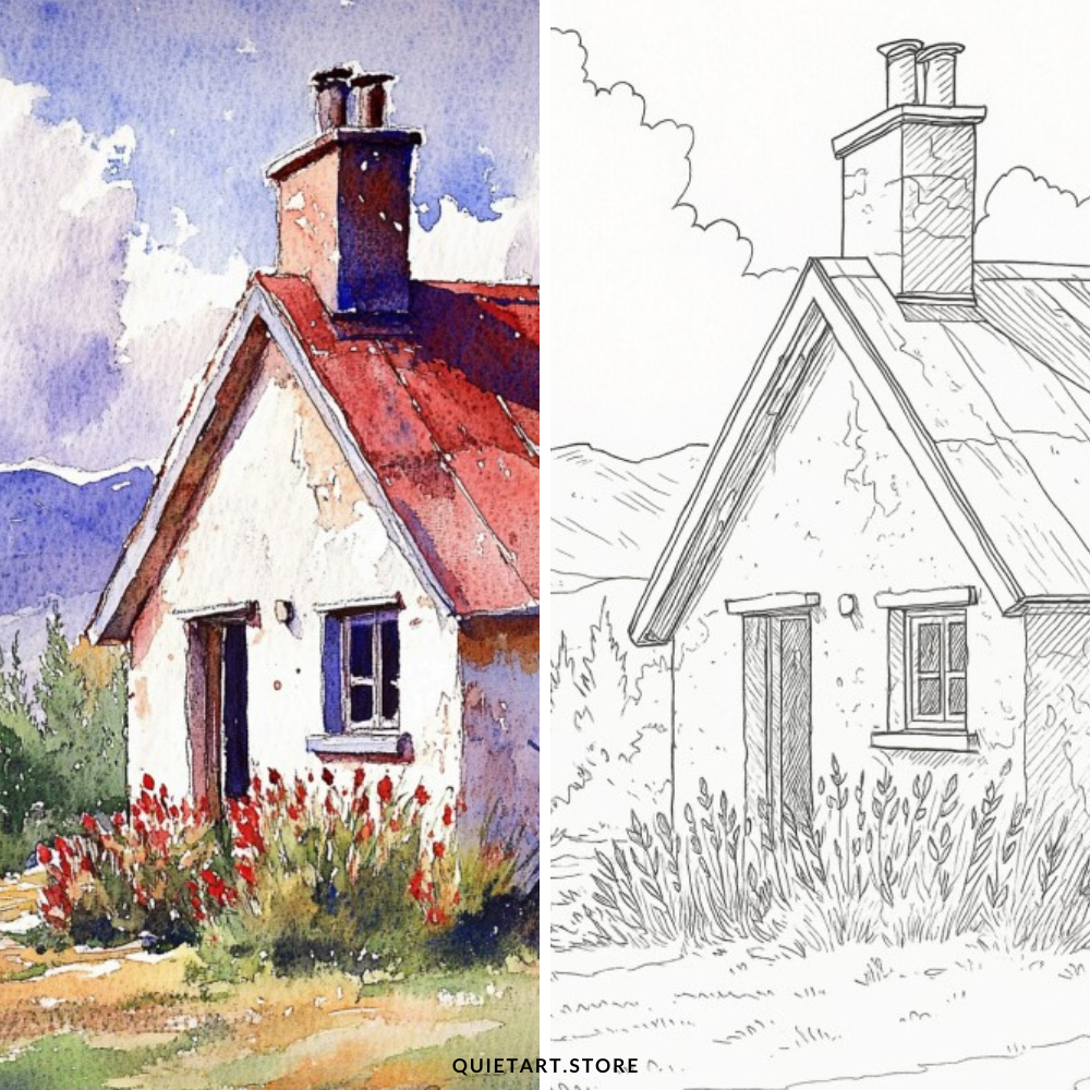 50 Cottage Watercolor Printable Coloring Pages (PDF Download)