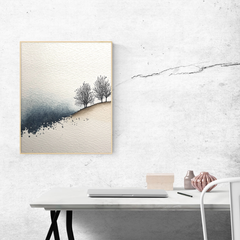 Blue Drift Trees – Minimalist Watercolor Landscape Printable Wall Art