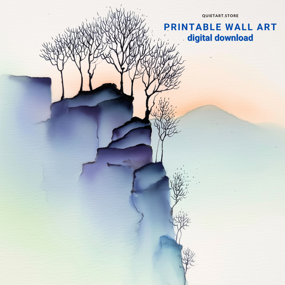 Cliffside Blue Trees – Minimalist Watercolor Landscape Printable Wall Art