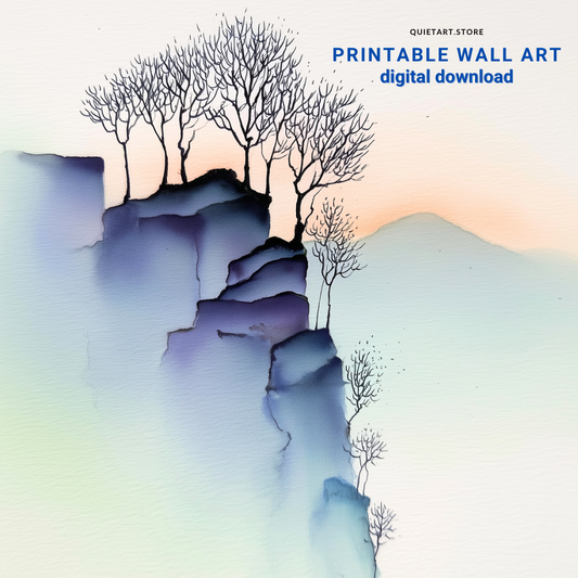 Cliffside Blue Trees – Minimalist Watercolor Landscape Printable Wall Art