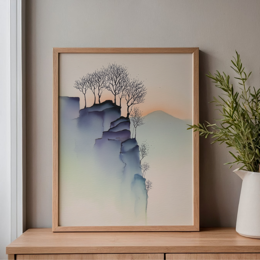 Cliffside Blue Trees – Minimalist Watercolor Landscape Printable Wall Art