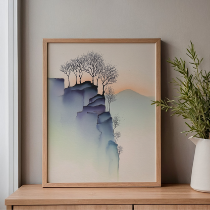 Cliffside Blue Trees – Minimalist Watercolor Landscape Printable Wall Art