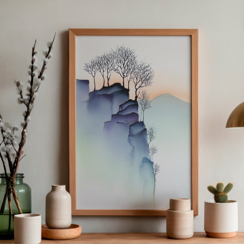Cliffside Blue Trees – Minimalist Watercolor Landscape Printable Wall Art