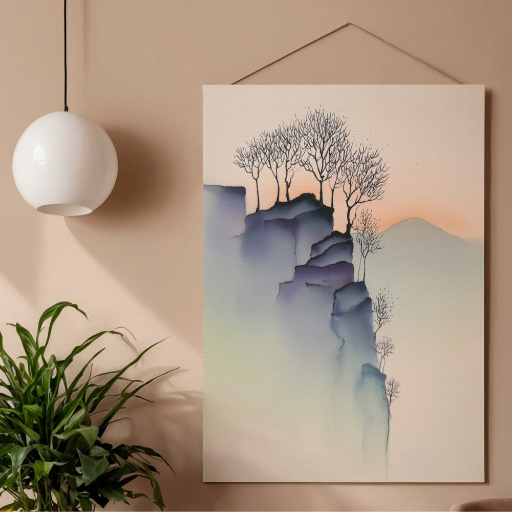 Cliffside Blue Trees – Minimalist Watercolor Landscape Printable Wall Art