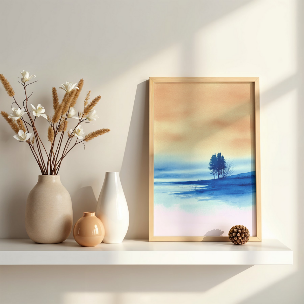 Quiet Lakeside Light – Minimalist Watercolor Landscape Printable Wall Art