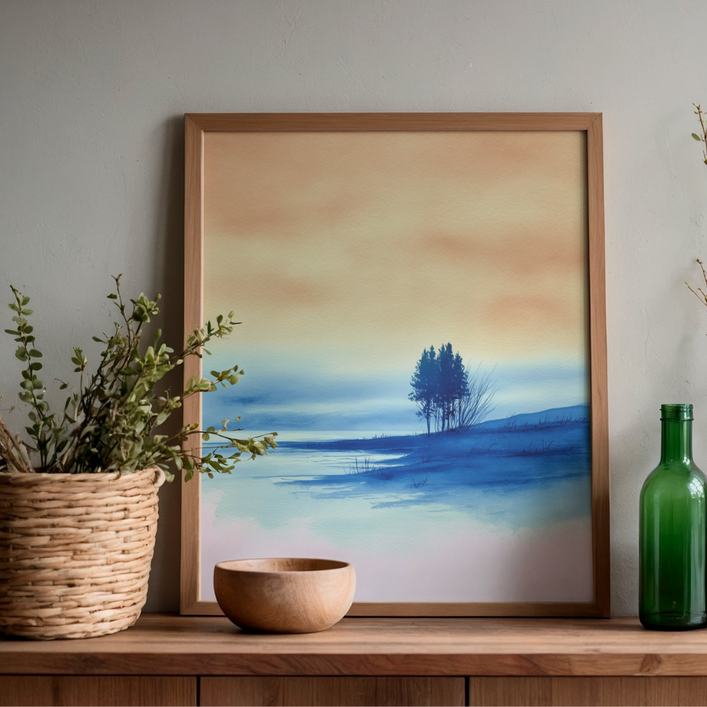 Quiet Lakeside Light – Minimalist Watercolor Landscape Printable Wall Art