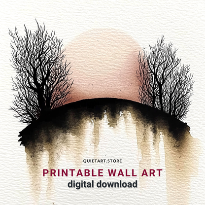 Red Dusk Grove – Minimalist Watercolor Sunset Printable Wall Art