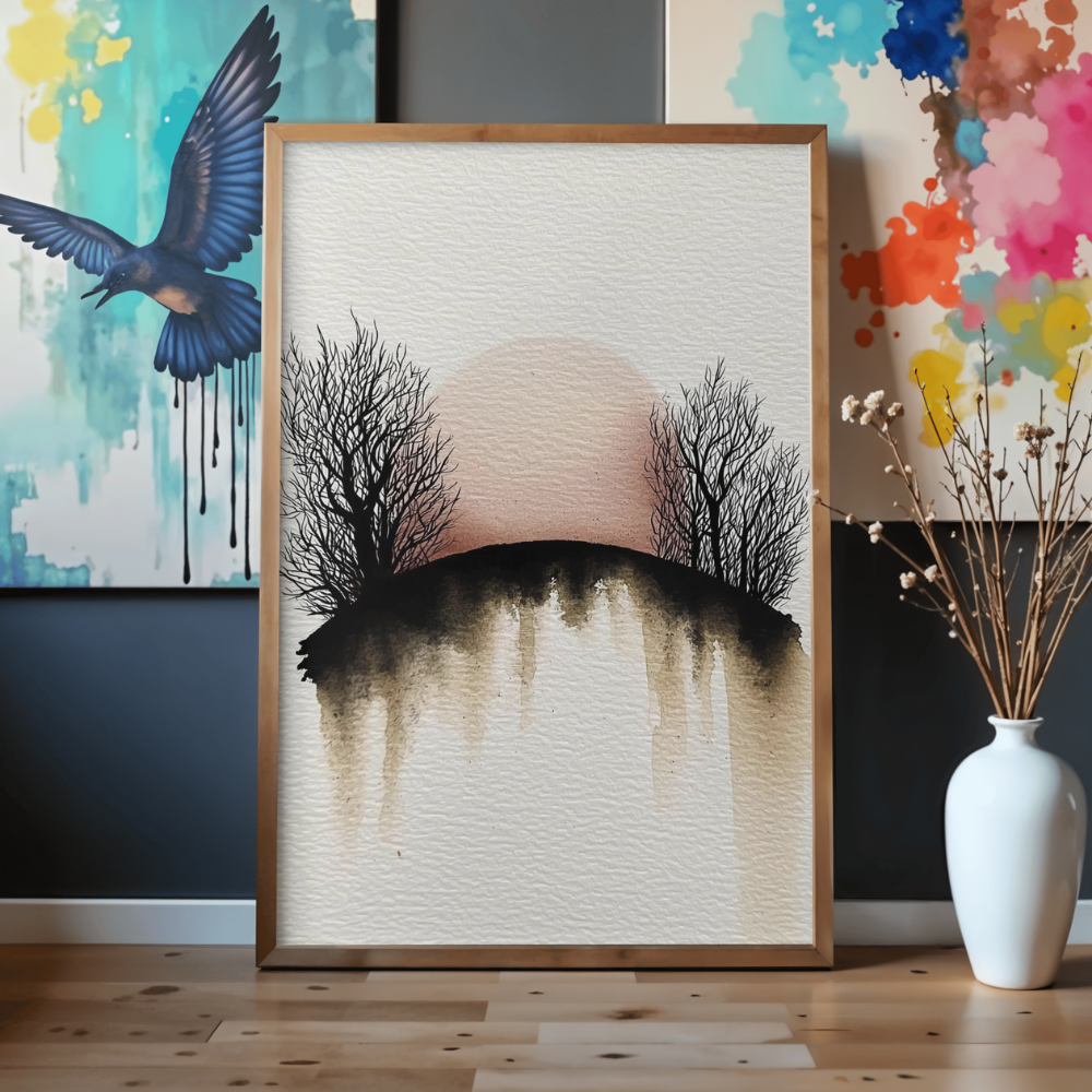 Red Dusk Grove – Minimalist Watercolor Sunset Printable Wall Art