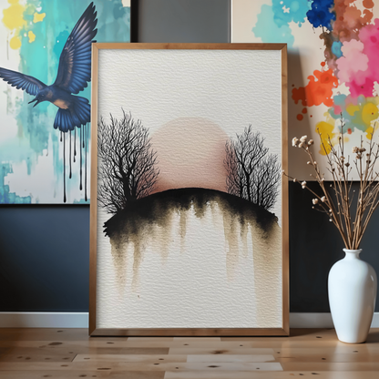 Red Dusk Grove – Minimalist Watercolor Sunset Printable Wall Art