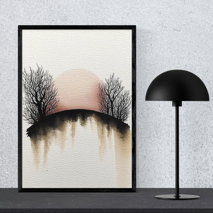 Red Dusk Grove – Minimalist Watercolor Sunset Printable Wall Art