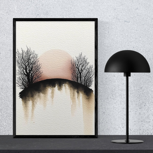 Red Dusk Grove – Minimalist Watercolor Sunset Printable Wall Art