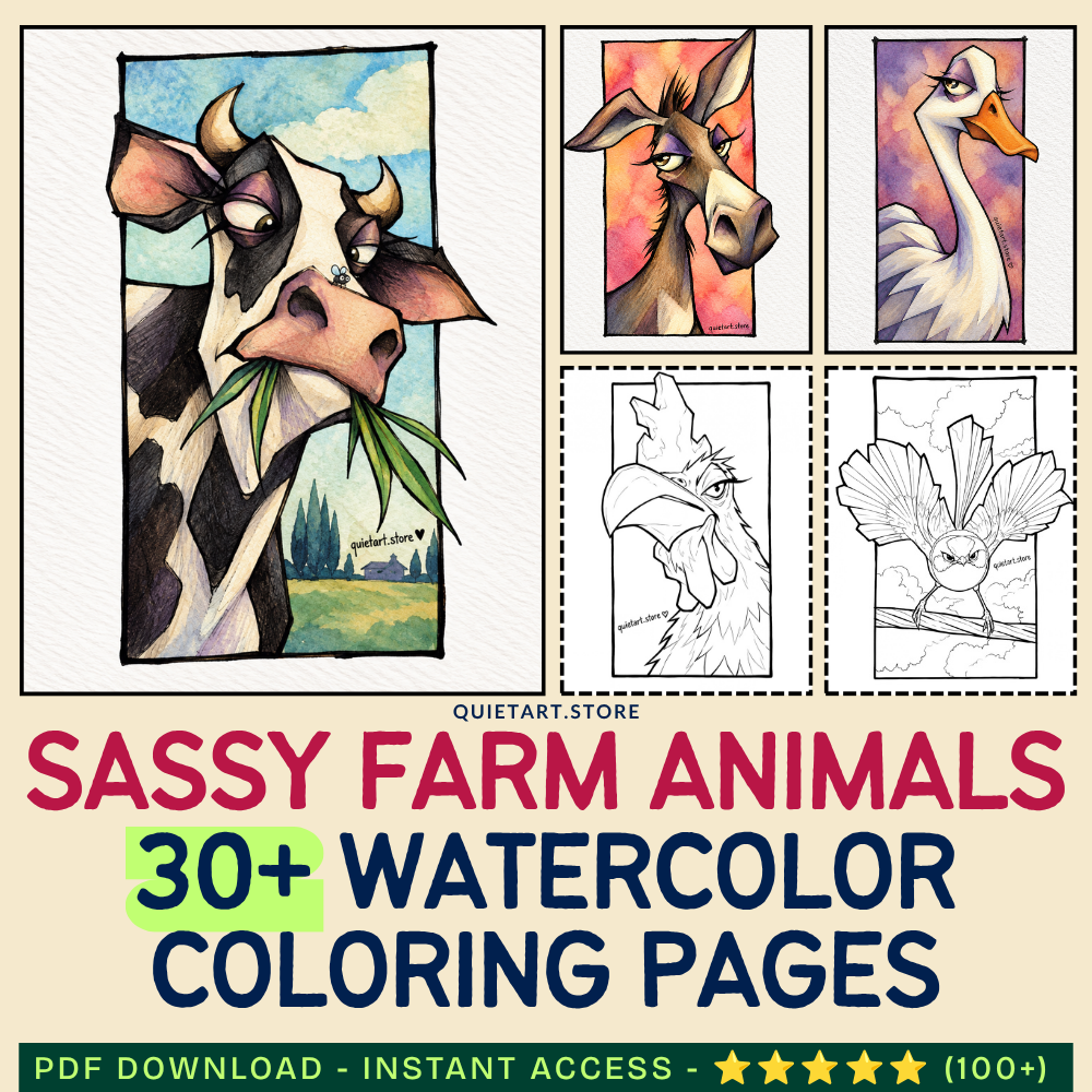 30+ Sassy Farm Animals Watercolor Printable Coloring Pages (PDF Download)