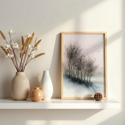 Soft Winter Flight – Minimalist Watercolor Landscape Printable Wall Art