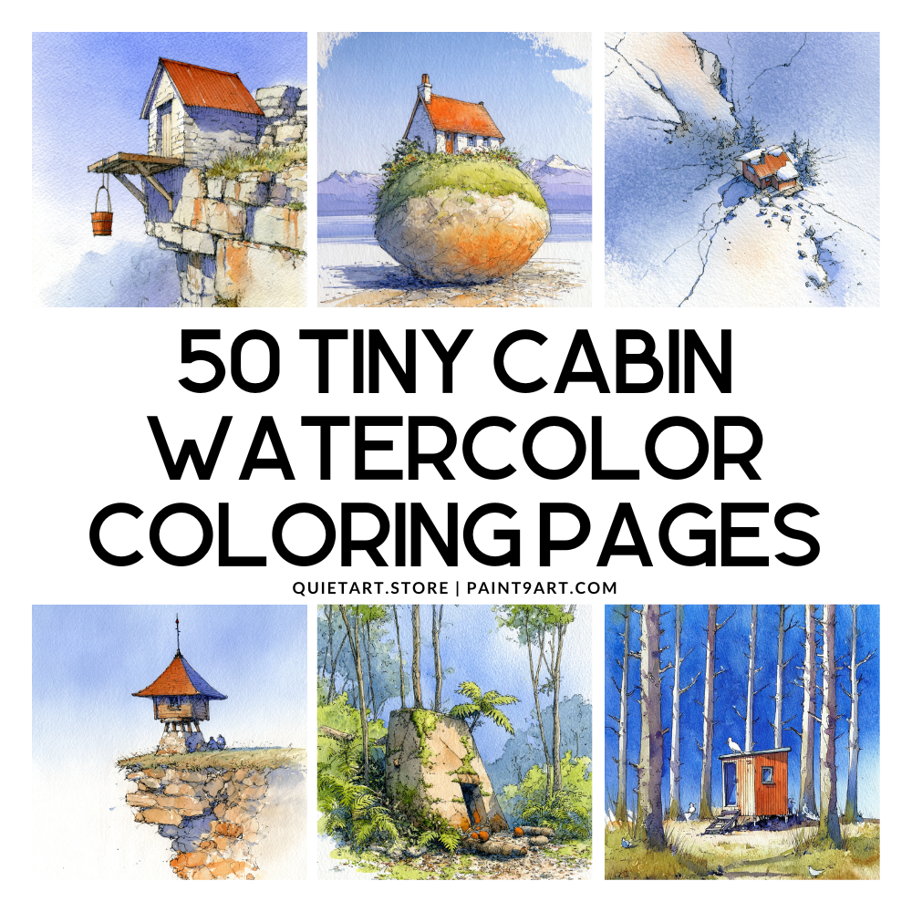 50 Tiny Cabin Watercolor Printable Coloring Pages (PDF Download)