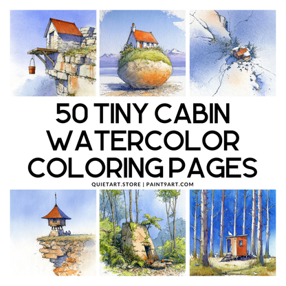 50 Tiny Cabin Watercolor Printable Coloring Pages (PDF Download)