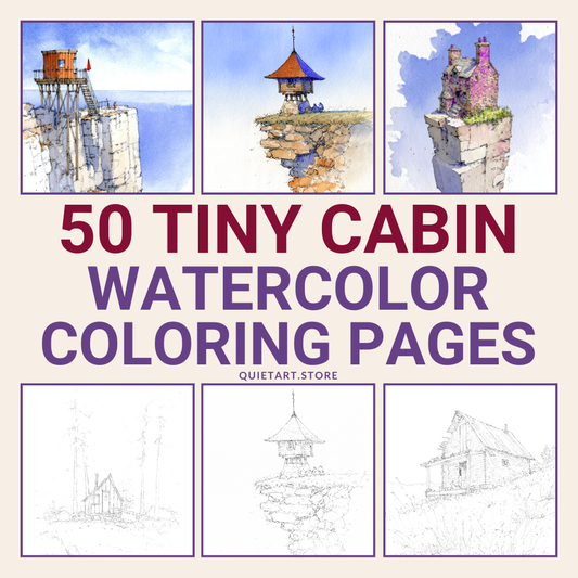 50 Tiny Cabin Watercolor Printable Coloring Pages (PDF Download)