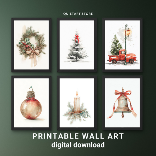Vintage Christmas Watercolor Set – Printable Wall Art (6 Prints) | Digital Download