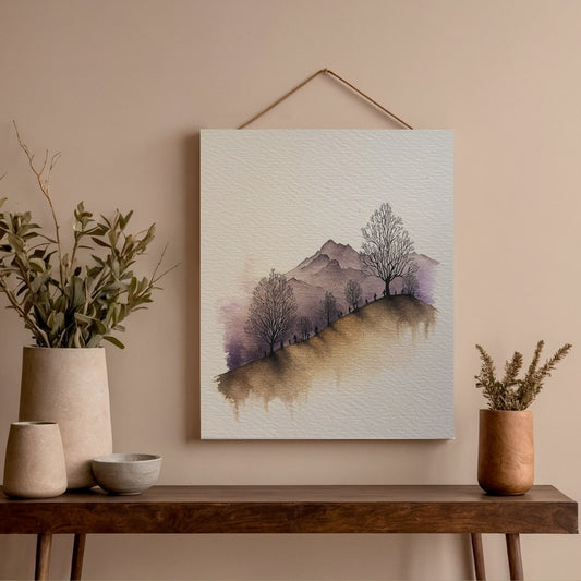 Montagnes Violettes – Paysage minimaliste à l'aquarelle, affiche murale imprimable
