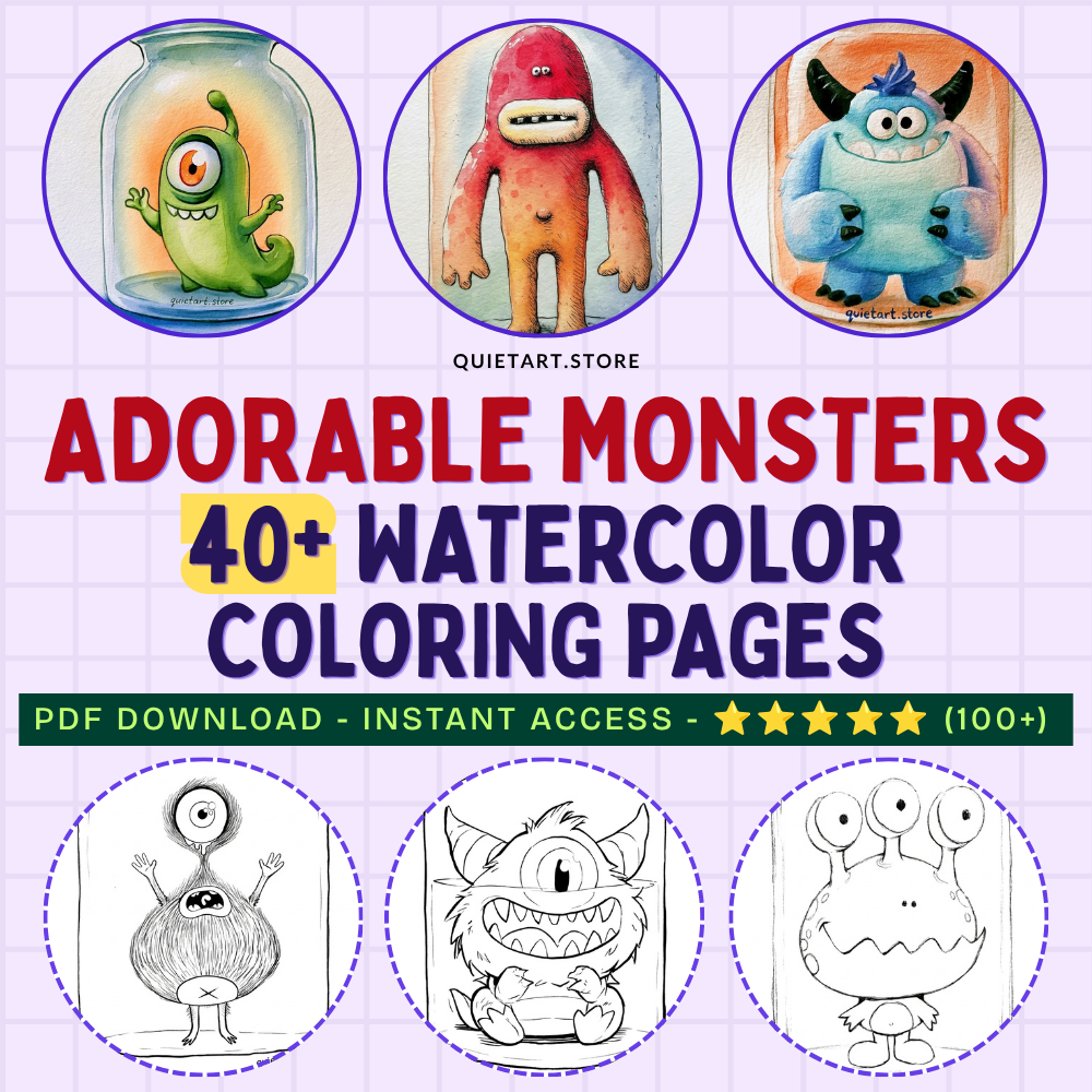 40+ Adorable Monsters Watercolor Printable Coloring Pages (PDF Download)