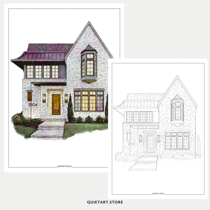 25 House Portrait Watercolor Printable Coloring Pages (PDF Download)