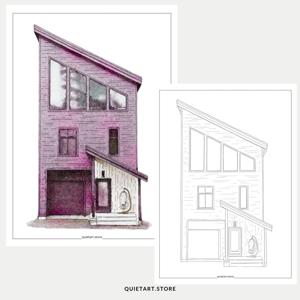25 House Portrait Watercolor Printable Coloring Pages (PDF Download)
