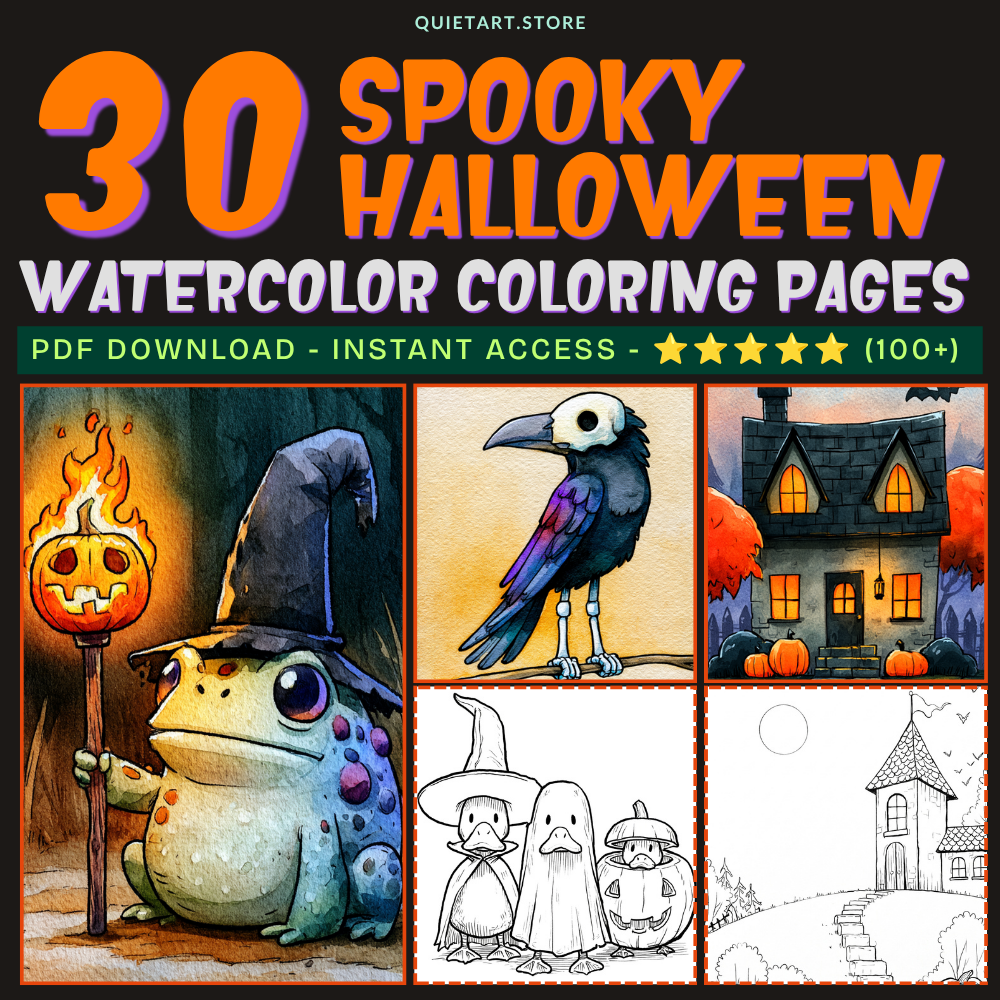 30 Spooky Halloween Watercolor Coloring Pages (PDF Download)