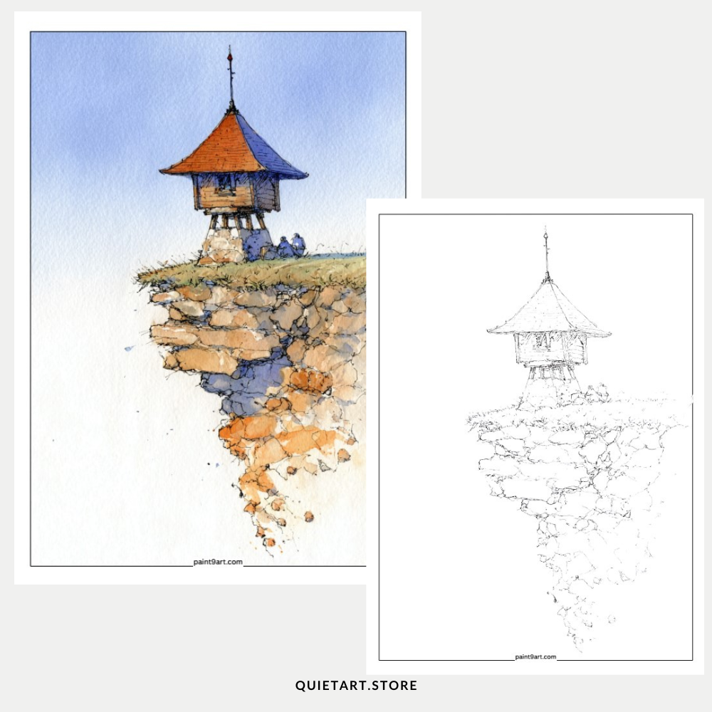 50 Tiny Cabin Watercolor Printable Coloring Pages (PDF Download)