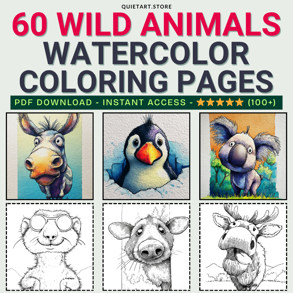 60 Wild Animals Watercolor Printable Coloring Pages (PDF Download)