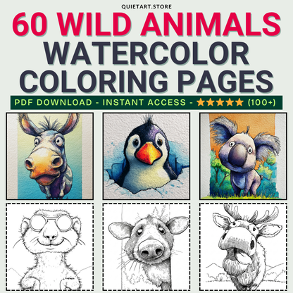 60 Wild Animals Watercolor Printable Coloring Pages (PDF Download)